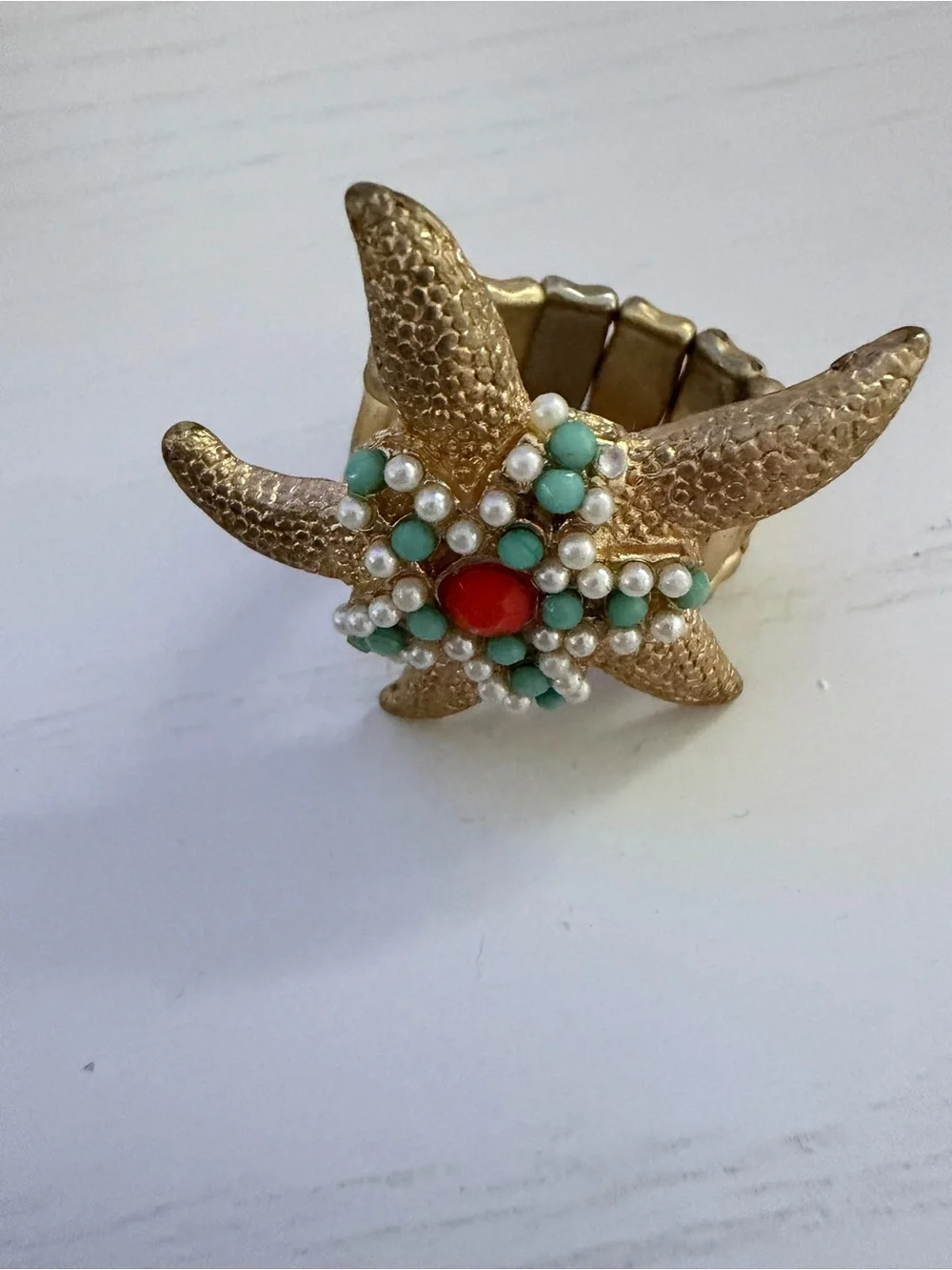 Gold Starfish Stretch Ring with Turquoise, Pearl and Coral Accents